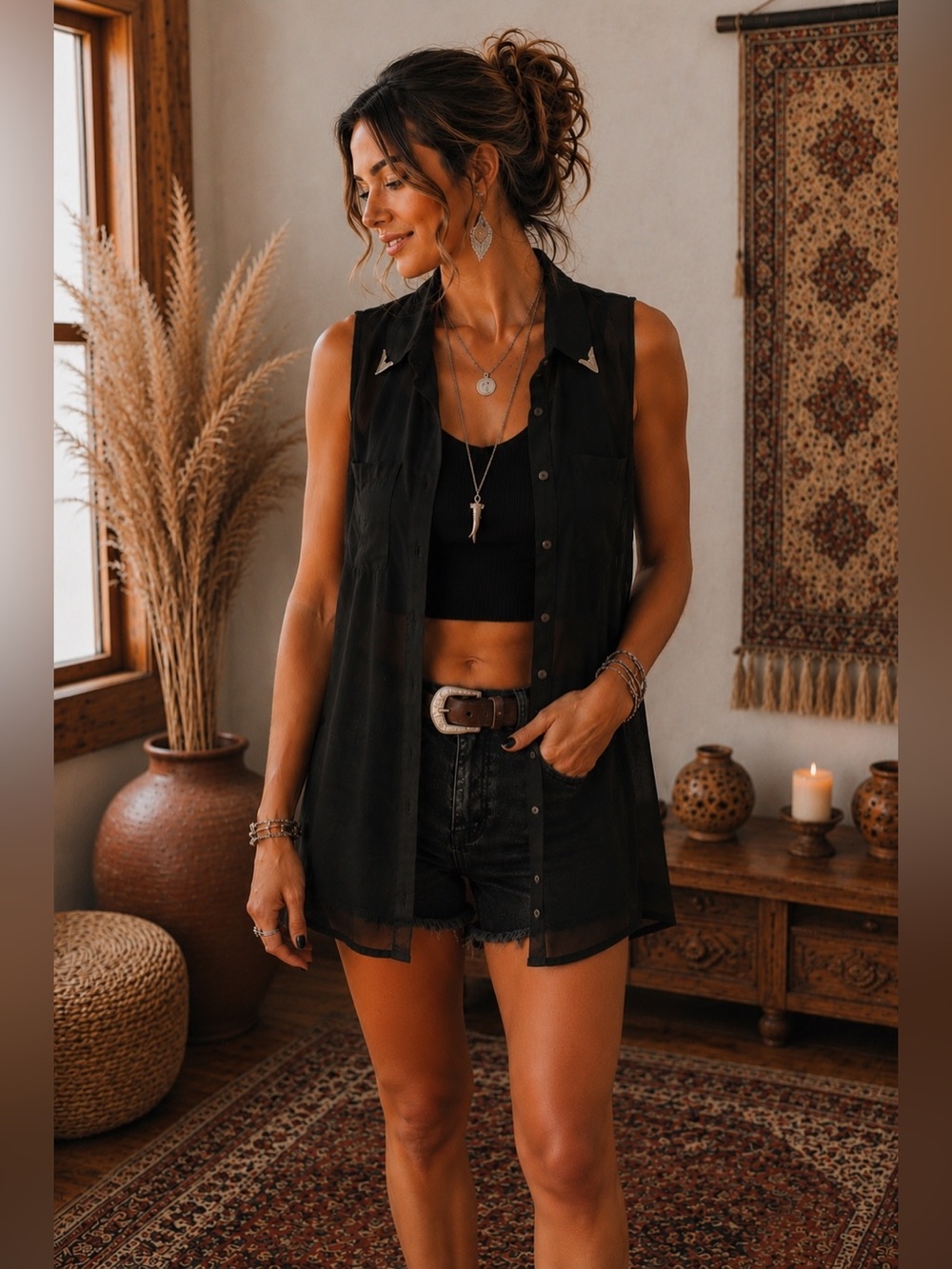 Lush Western Sheer Sleeveless Tunic
